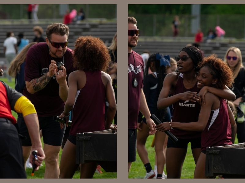 A coach enthusiastically talks to a female athlete holding a relay baton. In the next frame, the athlete smiles as she is embraced by a teammate. Both wear maroon uniforms with GIANTS written on them. Spectators and other athletes are visible in the background.