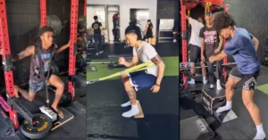 Three people are exercising in a gym. The left person is doing a split squat with weights