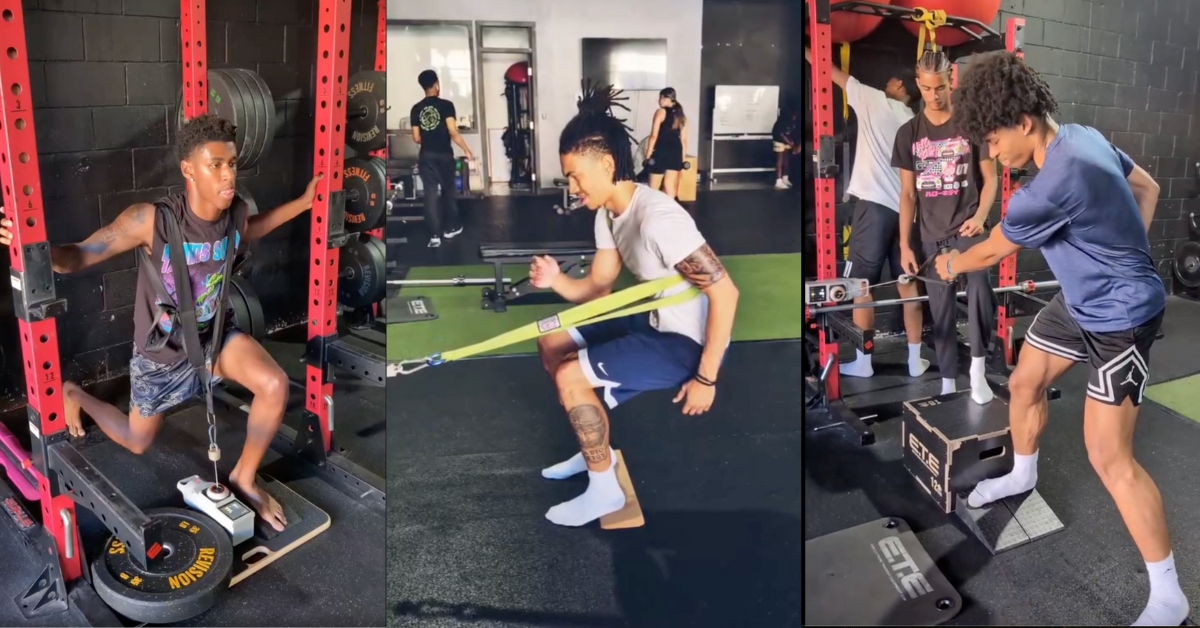 Three people are exercising in a gym. The left person is doing a split squat with weights