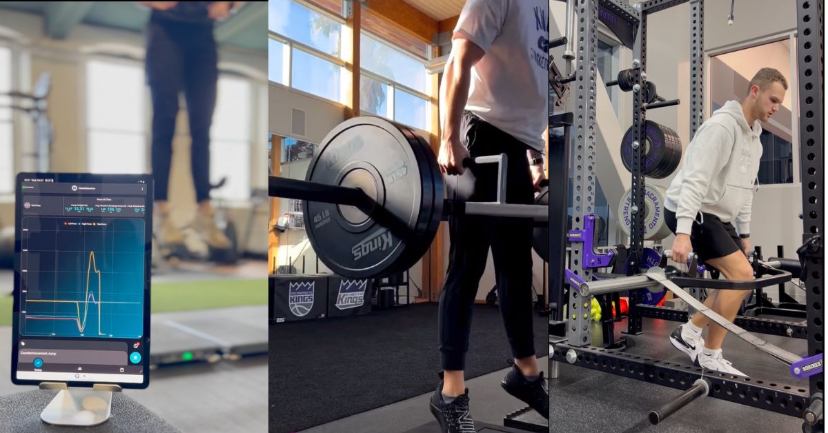 Three-part image: Left shows a tablet displaying a fitness app