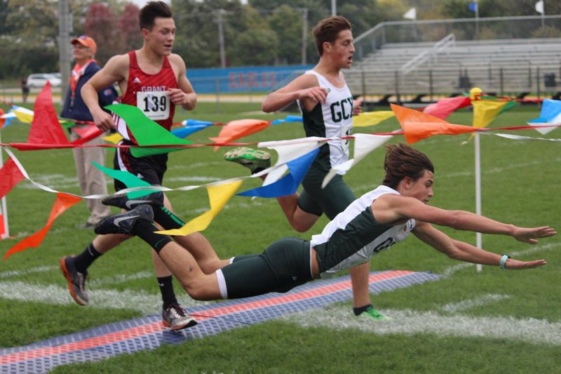 Athlete Dives Across Finish Line at Cross Country Meet|Cross Country Competitors Matt and Jack Aho|Lake Eagles Cross Country Team|Lake Zurich Senior Andres Rifkin|Lake Zurich Cross Country Warm Up|Cross Country Training Plan|Trail for Cross Country Training
