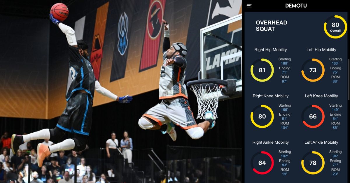 A Slamball player in mid-air prepares to dunk while another player attempts to block. The crowd watches in the background. A screenshot on the right displays Demotu data.|A SlamBall player in a blue uniform jumps high to score on a trampoline court