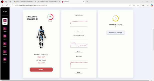 Screenshot of a health app showing exercise balance results. Left panel displays a digital human silhouette and rating score of 56. Middle shows graphs for hip, shoulder, and knee movement. Right panel shows compensations score of 73 with indicators.