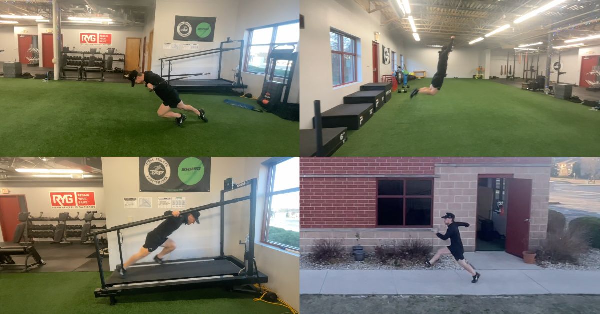 Dreher French Contrast|Hip Extension Progressions|A person in athletic gear demonstrates a running drill indoors. The image is divided into four frames
