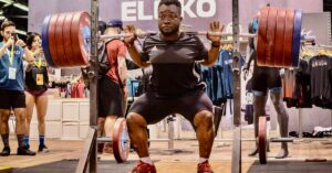 Eccentric Squat|Napier|Jump Data|Two black-and-white and color photographs of a weightlifter during competition. On the left