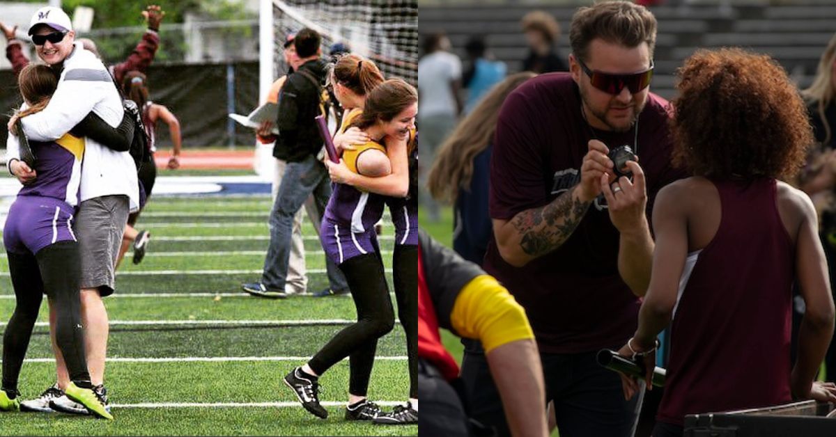 Left: Two athletes in purple uniforms celebrating with hugs on a sports field. Right: A coach gives a medal to a female athlete with curly hair while others look on.|Two men posing outdoors on a grass field. The man on the left wears a yellow jacket and shorts