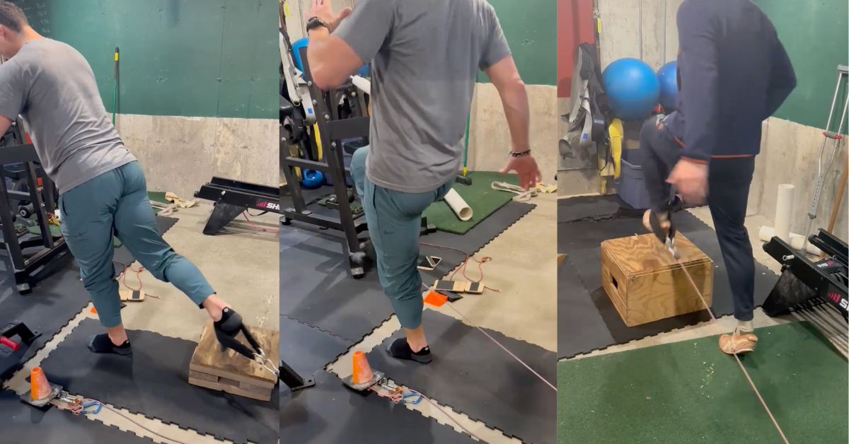 Three images show a person in a gym setting performing balance exercises. They use a wooden block in the first two images and step onto a box in the third. Various equipment is seen in the background.|Split-screen graphic comparing leg angular velocity of a slower and faster runner with contact excursion angles and velocities. Equations illustrate different calculations. An inset shows a person speaking via video call in the top right corner.|Two side-by-side images of a person running on a paved road