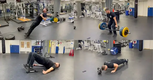 A person exercises in a gym