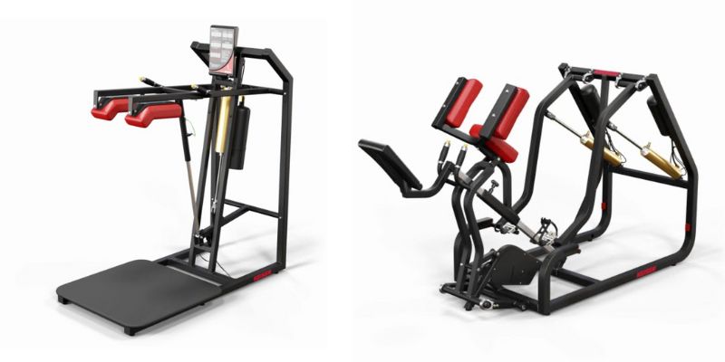 Two fitness machines: one for enhancing jump height with a platform and harness, the other resembling a rower for flexor training. Both have red accents and digital displays, designed for advanced athletic conditioning.