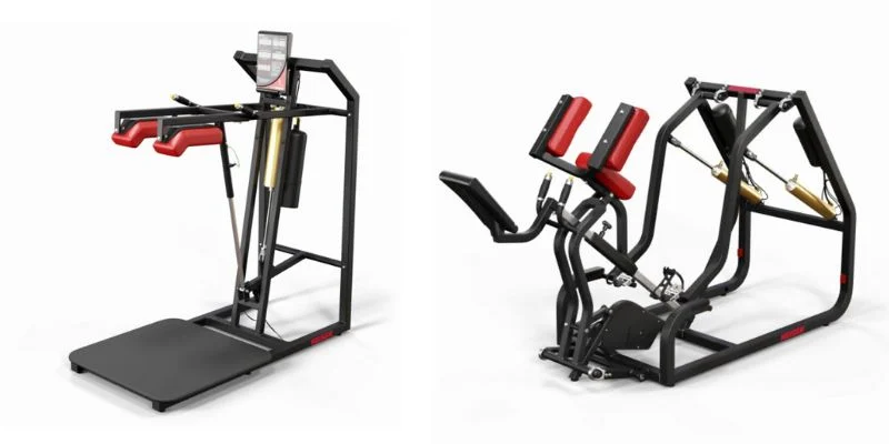 Two fitness machines: one for enhancing jump height with a platform and harness, the other resembling a rower for flexor training. Both have red accents and digital displays, designed for advanced athletic conditioning.