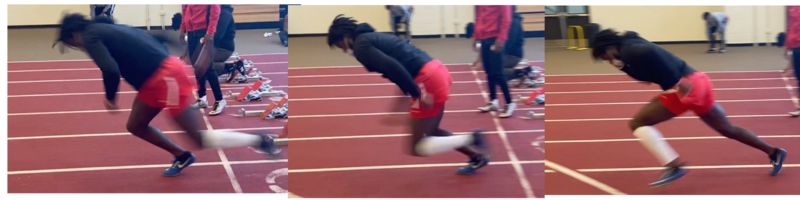 A person in a black top and red shorts is starting a sprint on an indoor track. The sequence shows them transitioning from crouching to taking off. Other people and equipment are visible in the background.