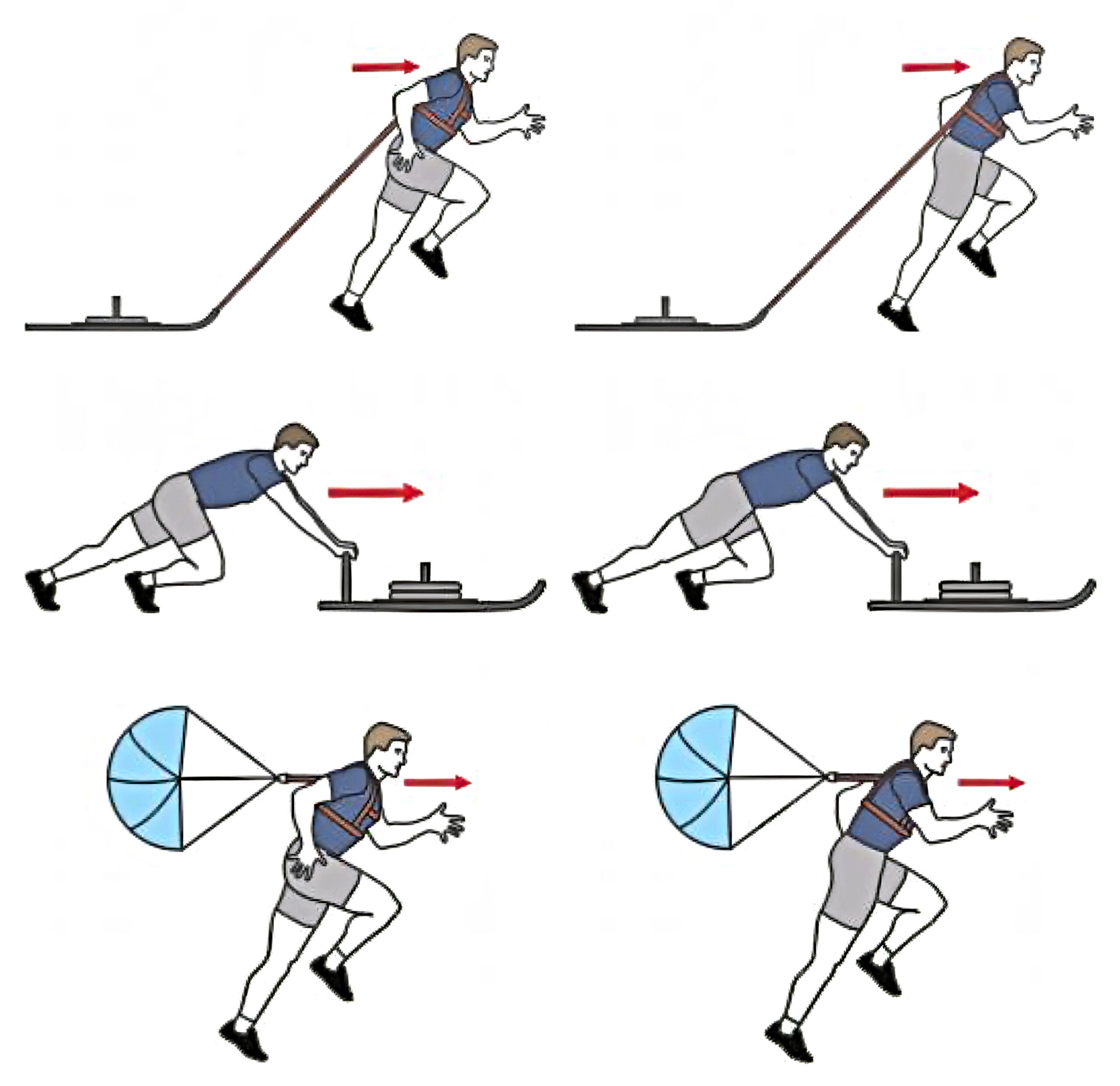 Illustration of a person performing six speed training exercises: uphill sprint, sled push, sled pull, sprint with large parachute, resistance bands, and sled drag, all emphasizing leg and torso movement.