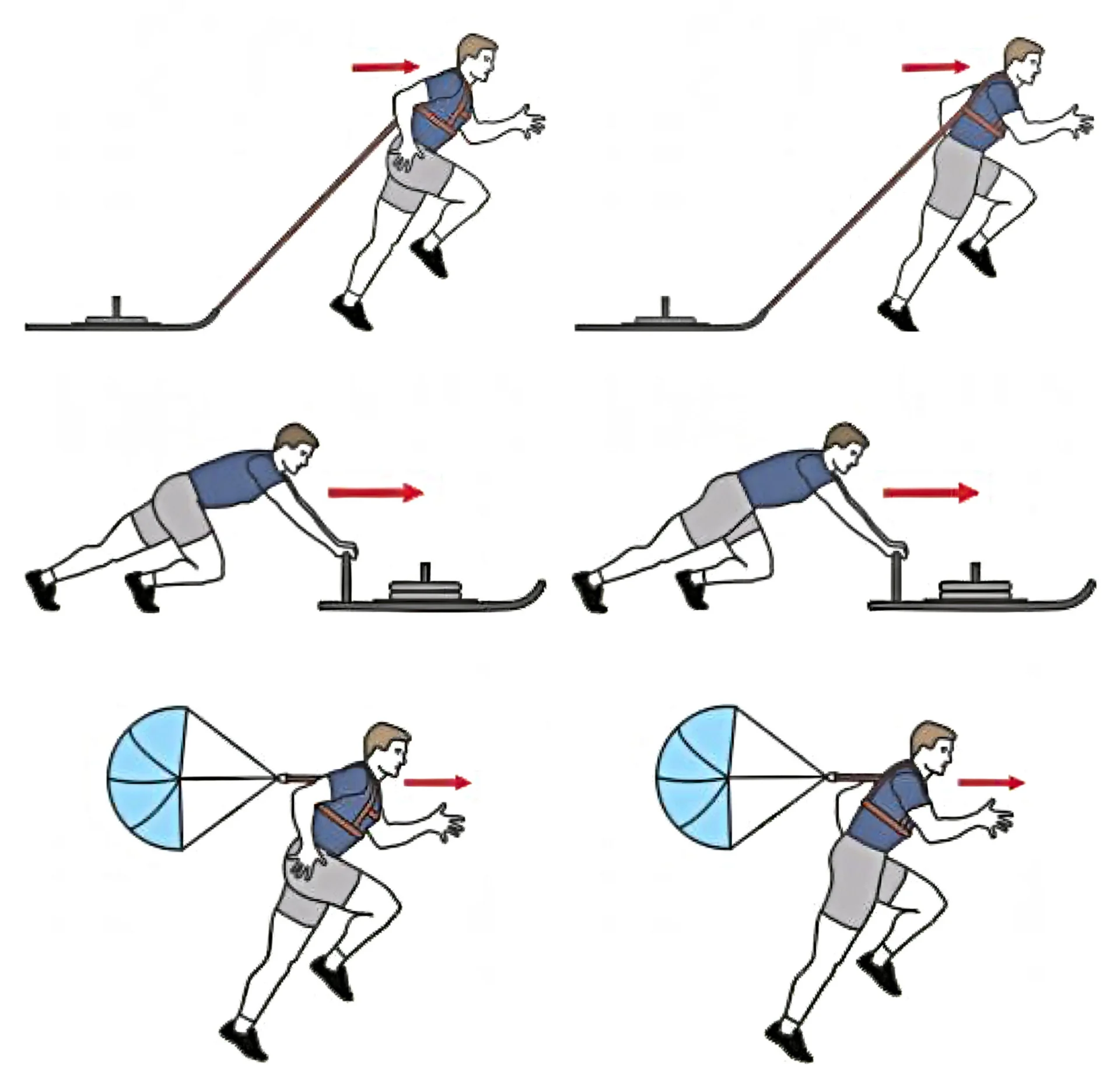 Illustration of a person performing six speed training exercises: uphill sprint, sled push, sled pull, sprint with large parachute, resistance bands, and sled drag, all emphasizing leg and torso movement.