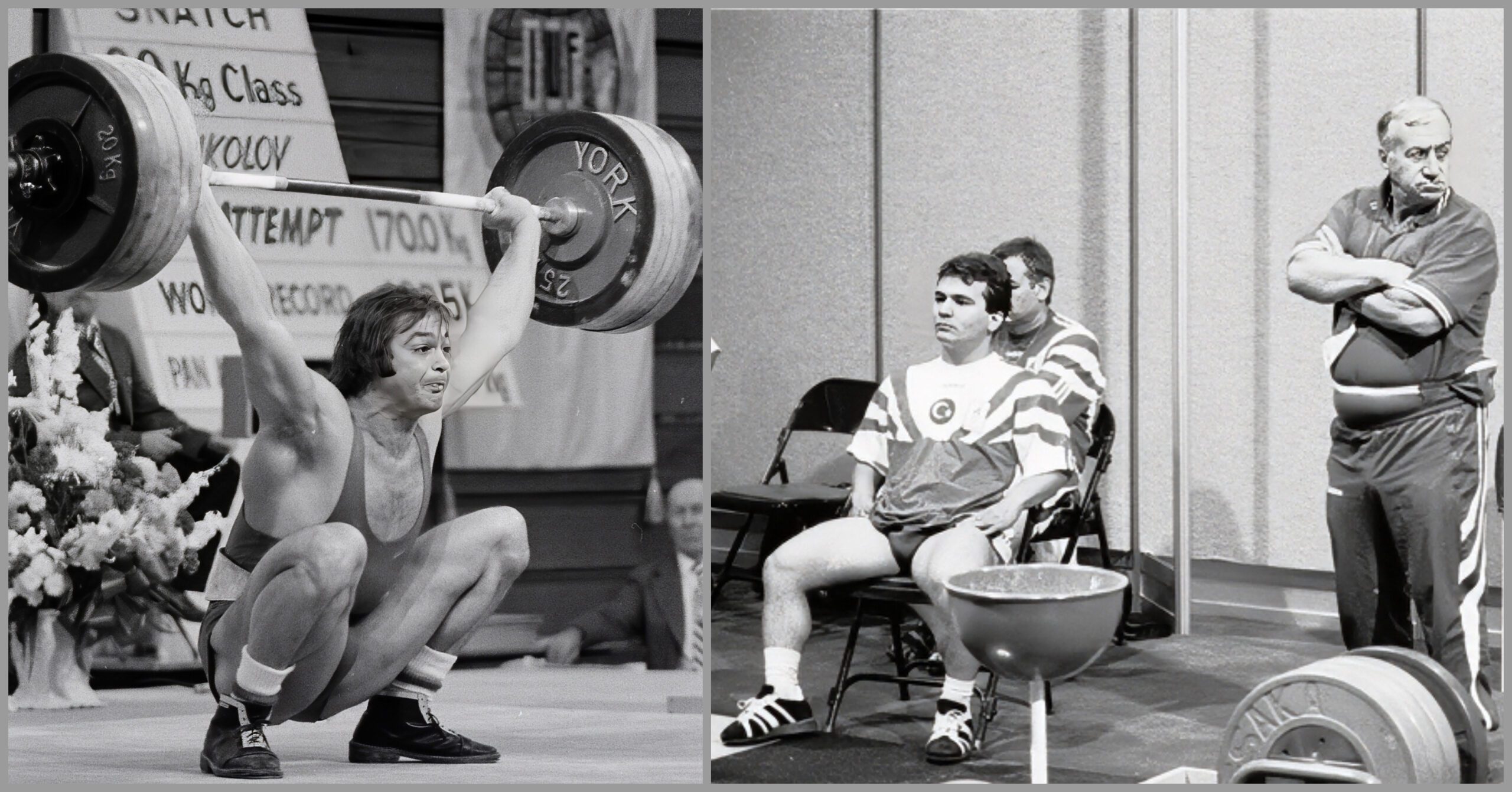 A split image: Left shows a weightlifter in mid-squat, holding a barbell overhead on a platform, banners behind. Right depicts two men seated and observing, one wearing a tracksuit and the other casual, with an older man standing.