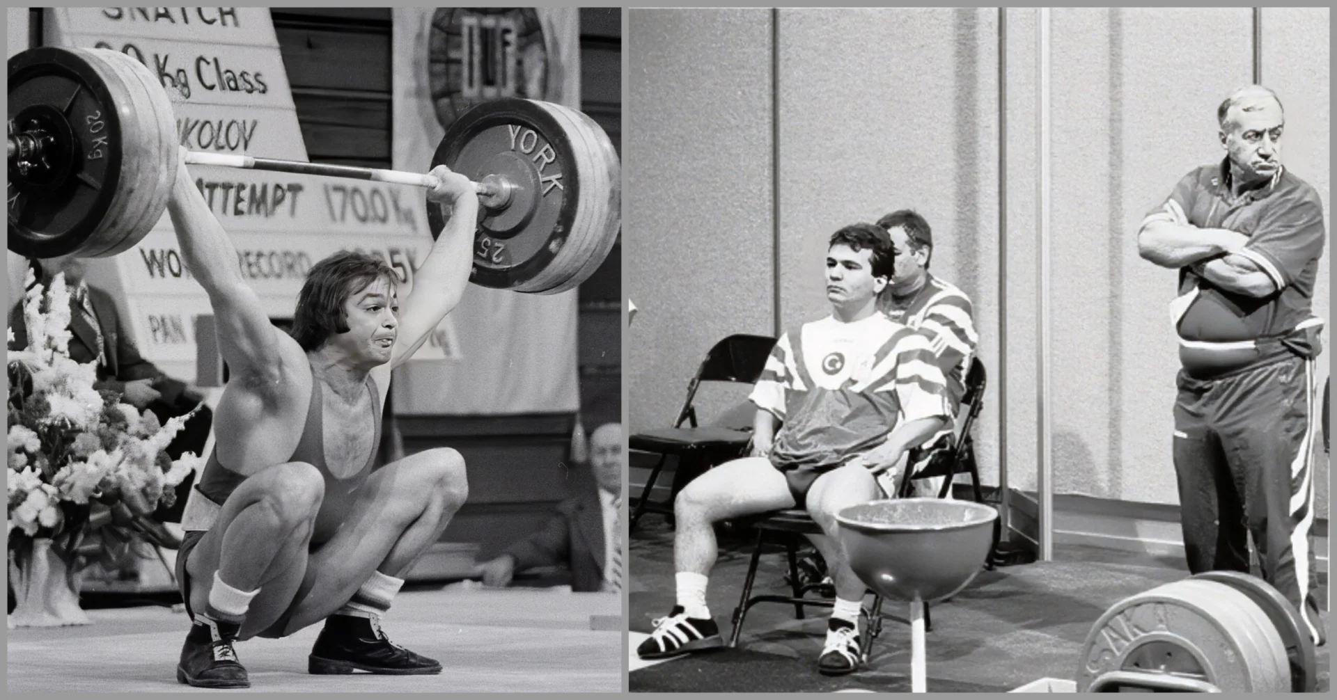 A split image: Left shows a weightlifter in mid-squat, holding a barbell overhead on a platform, banners behind. Right depicts two men seated and observing, one wearing a tracksuit and the other casual, with an older man standing.