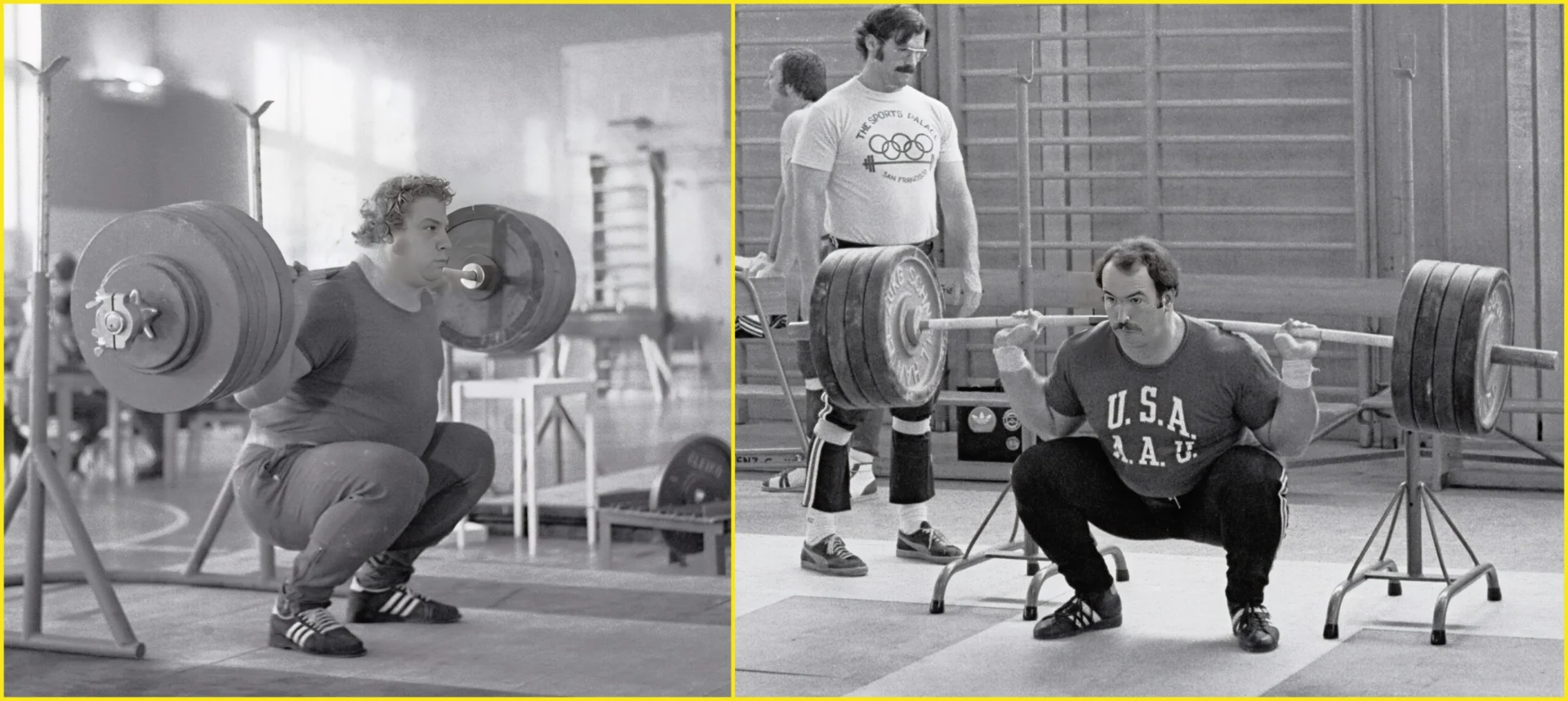 Two black and white photos of a weightlifter in action. On the left, the lifter squats with a barbell. On the right, they squat again, wearing a U.S.A. shirt. Both images show focus and strength. Background elements include gyms and other people.