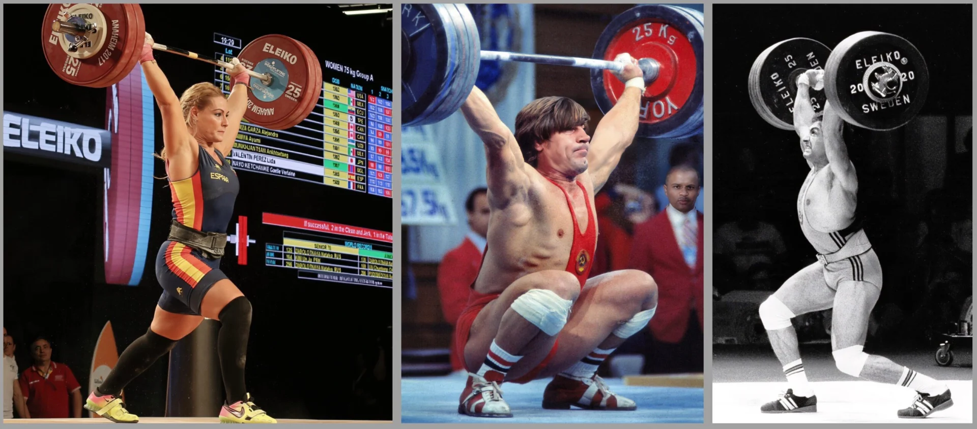 Three separate images of weightlifters performing lifts. The first shows a person lifting a barbell overhead on stage. The second depicts a person in a squat with a barbell lifted. The third shows a person achieving a lift in a black and white photo.