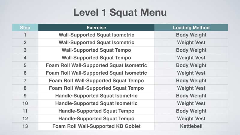 Level 1 Squat Menu