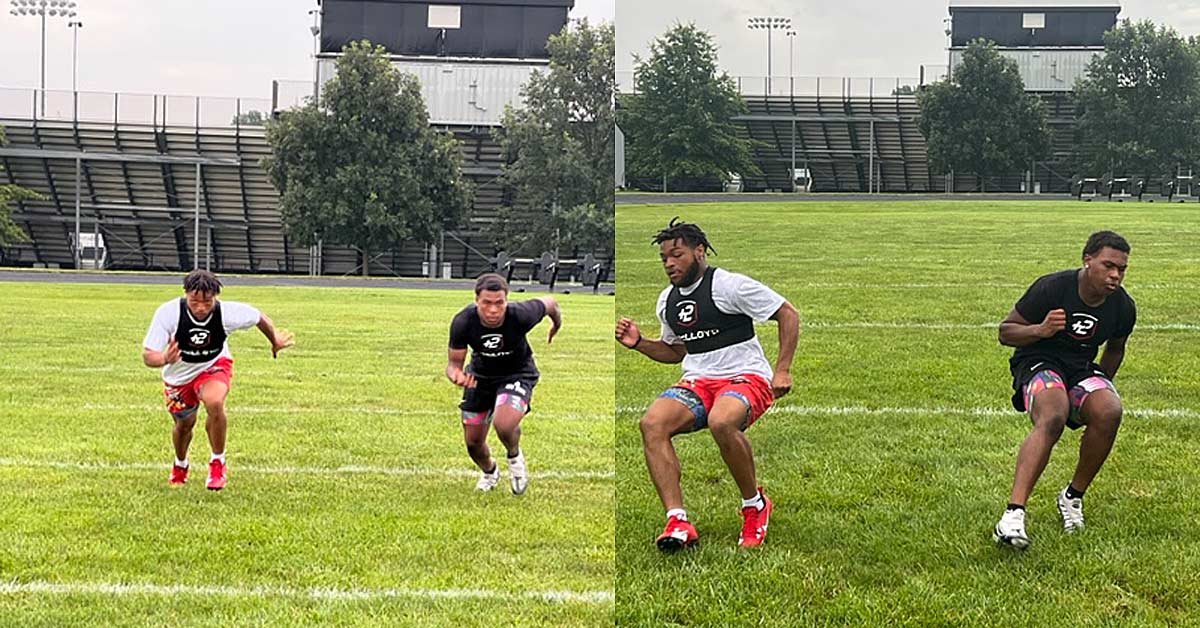McCloyd GPS COD|200m GPS|Segment GPS|GPD Drive Phase|COD Average|COD Improved|GPS Gamify Training|Two people are mid-sprint on a grassy field wearing training vests. They appear focused on their activity