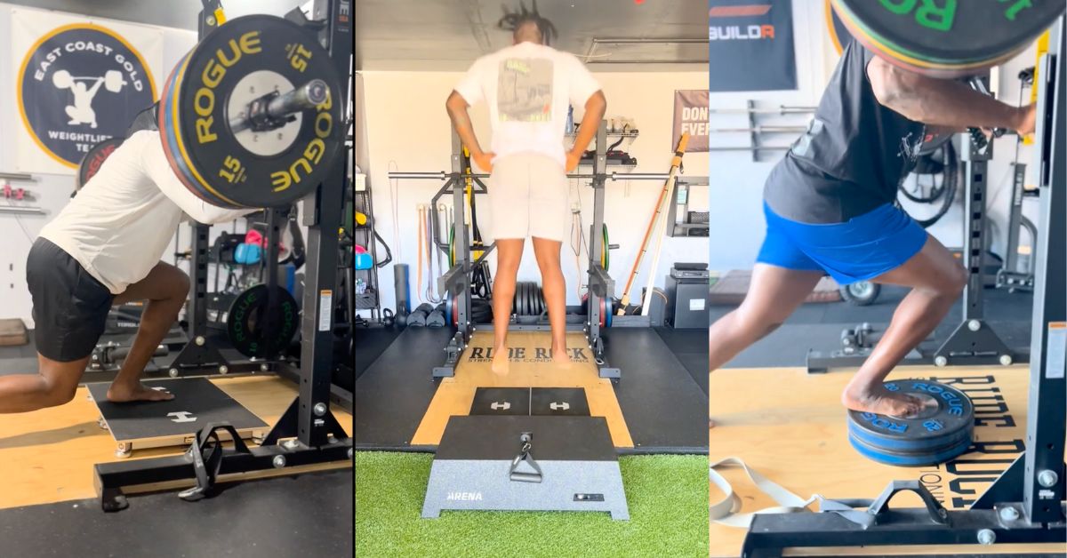 Module 1 RTP|Case Study Overview|High Ankle Sprain|Testing Overview|Force Plate Overview|KPIs Outcomes|RTP Progression|Pre Post Testing|A person performs a squat in a gym with weights. Text overlay reads RTP Case Study Series: Module 1: High Ankle Sprain and mentions utilizing force plates for recovery. Logos for Hawkin Dynamics