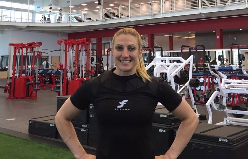 Olympic Bronze Medalist Jamie Greubel wears Skin Tech shirt.
