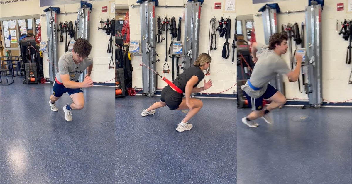 Three people exercising in a gym. The first person is doing a lateral shuffle