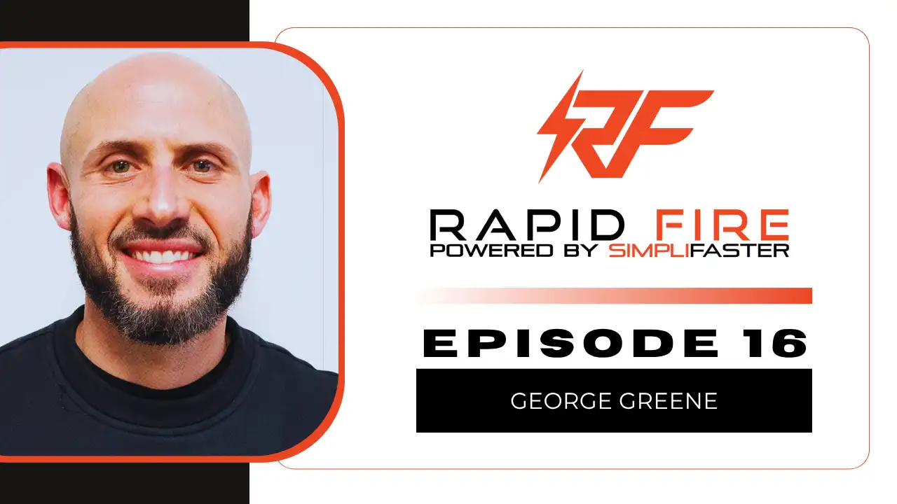 A smiling bald man with a beard is shown next to the Rapid Fire Powered by SimpliFaster logo, with text reading Episode 16 George Greene on a white and black background.