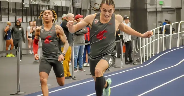 Relax and Win|Winter Wheaties|A table displaying reaction time and 10-meter interval times from 0 to 100 meters for two trials. The reaction times are 0.165 and 0.146. Total times are 9.69 and 9.58 seconds. Interval times decrease with distance.|Mvumvure LSU track|WSU track athletes|Lift Force|Mr Olympia|Clean lift|High Velocity Exercises