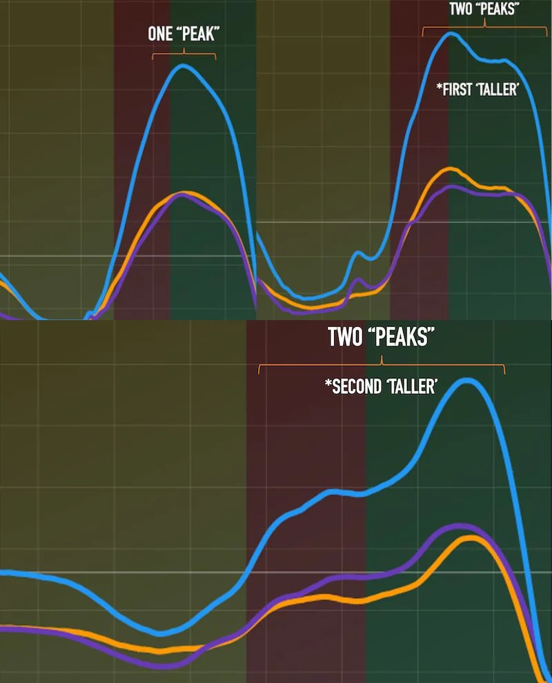 A graph with three colored lines showing different data trends. The top graph has annotations One Peak and Two Peaks with labels First Taller. The bottom graph, labeled Two Peaks, focuses on Second Taller.