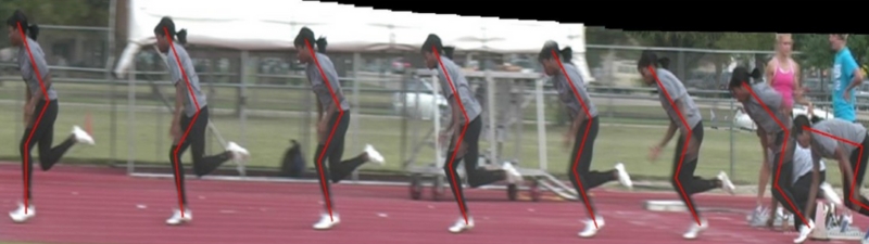 A sequence of a person running on a track, captured in multiple overlapping frames. They are wearing a gray and red outfit, with white shoes. The background shows an outdoor setting with equipment and a few people standing around.