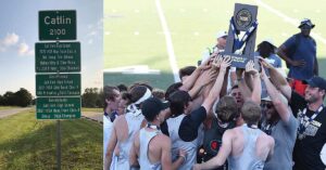 Small School Fast Kids|A series of green signs on a roadside in Catlin list various 2021 high school track and field achievements