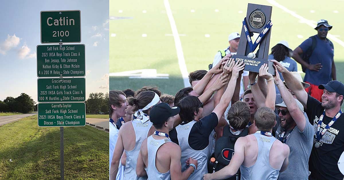Small School Fast Kids|A series of green signs on a roadside in Catlin list various 2021 high school track and field achievements