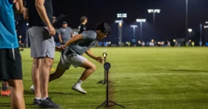 Athlete performs 180 degree cut test for change of direction