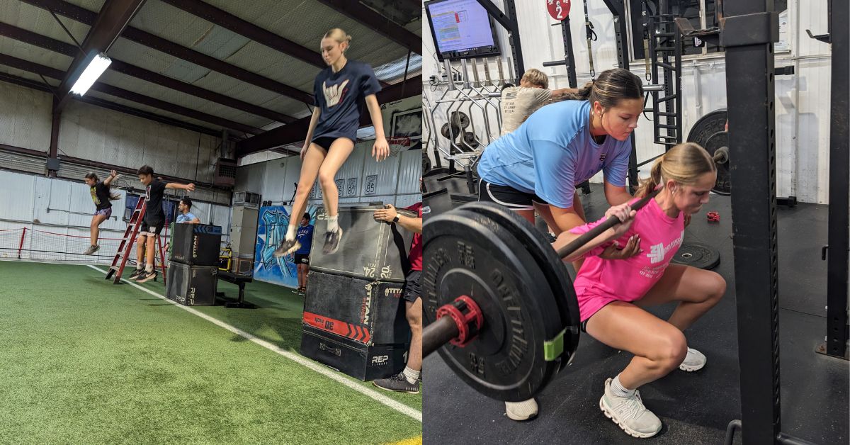 Athletes perform depth drop and large range of motion exercises to demonstrate concept of tensegrity in athlete development.|Tensegrity table demonstrating concept of tensile strength.|A colorful chart titled Timeline in weeks 24 - 1 features segments in green