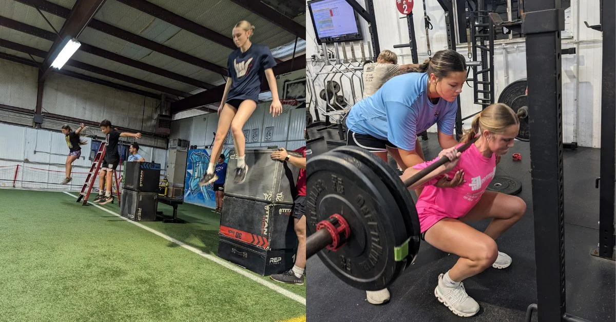 Athletes perform depth drop and large range of motion exercises to demonstrate concept of tensegrity in athlete development.|Tensegrity table demonstrating concept of tensile strength.|A colorful chart titled Timeline in weeks 24 - 1 features segments in green