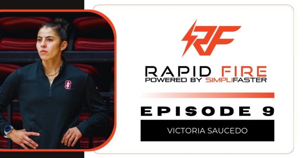 A woman in athletic wear stands with hands on hips. Text on the image: Rapid Fire Powered by SimpliFaster Episode 9 Victoria Saucedo.