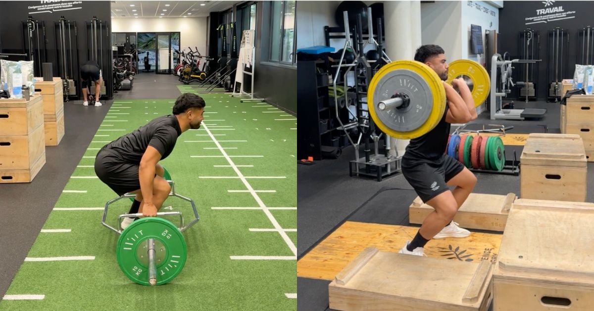 A man in a gym performs two different strength exercises: on the left