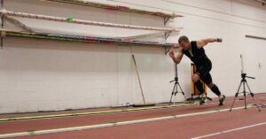 Wearable-Resistance-Sprinter|Rotational Inertia|Rotational Inertia Orientation|Rotational Diagonal|Rotational Inertia|Image showing two physical exercises related to kinetic energy calculations. The first depicts a person with weights and calculates KE as 17.4 kg·m/s. The second shows a person running