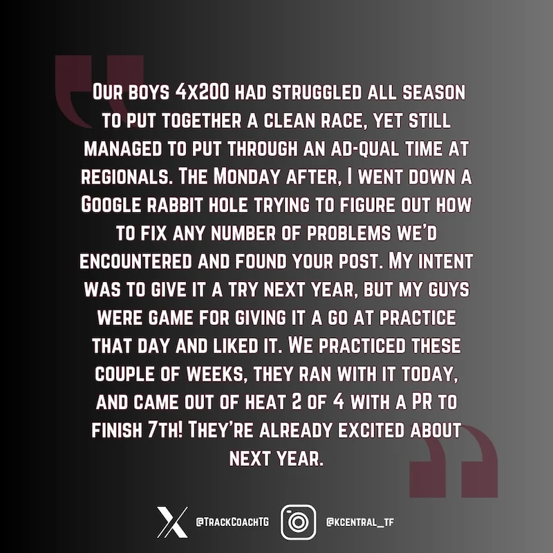 A motivational post about a 4x200 relay team overcoming challenges to set a personal record and qualify for regionals. The post expresses appreciation for helpful advice found online. Includes usernames @TrackCoachG and @KCentral_TF.