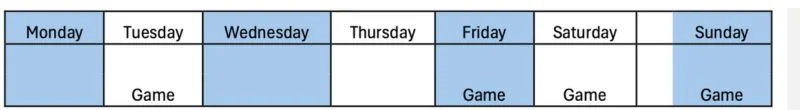 A weekly schedule with columns for each day; the word Game appears on Tuesday, Friday, Saturday, and Sunday. Tuesday, Friday, Saturday, and Sunday columns are shaded blue.