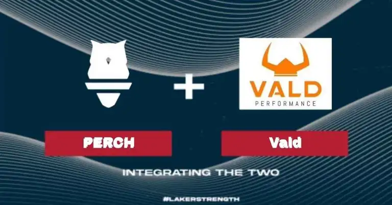 Logo of Perch on the left and logo of Vald Performance on the right, joined by a plus sign, with “PERCH” and “Vald” labeled below each logo. Text at the bottom reads “INTEGRATING THE TWO #LakerStrength.”.