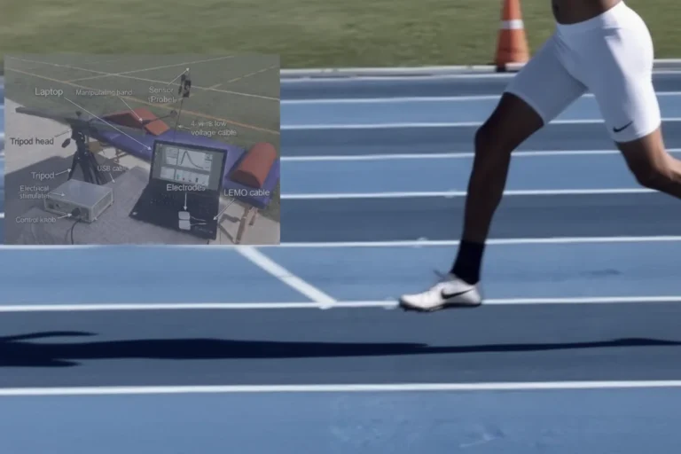 A runner in white shorts sprints on a blue track. An inset shows scientific equipment, including a laptop, tripod, sensors, and cables, labeled for research or performance analysis.