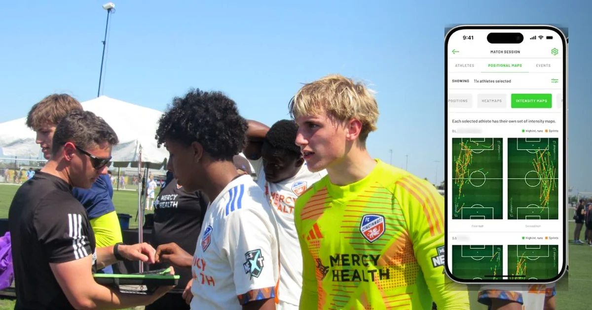 Mike Brown reviewing PlayerData GPS units with soccer athletes and a PlayerData intensity-map phone screen