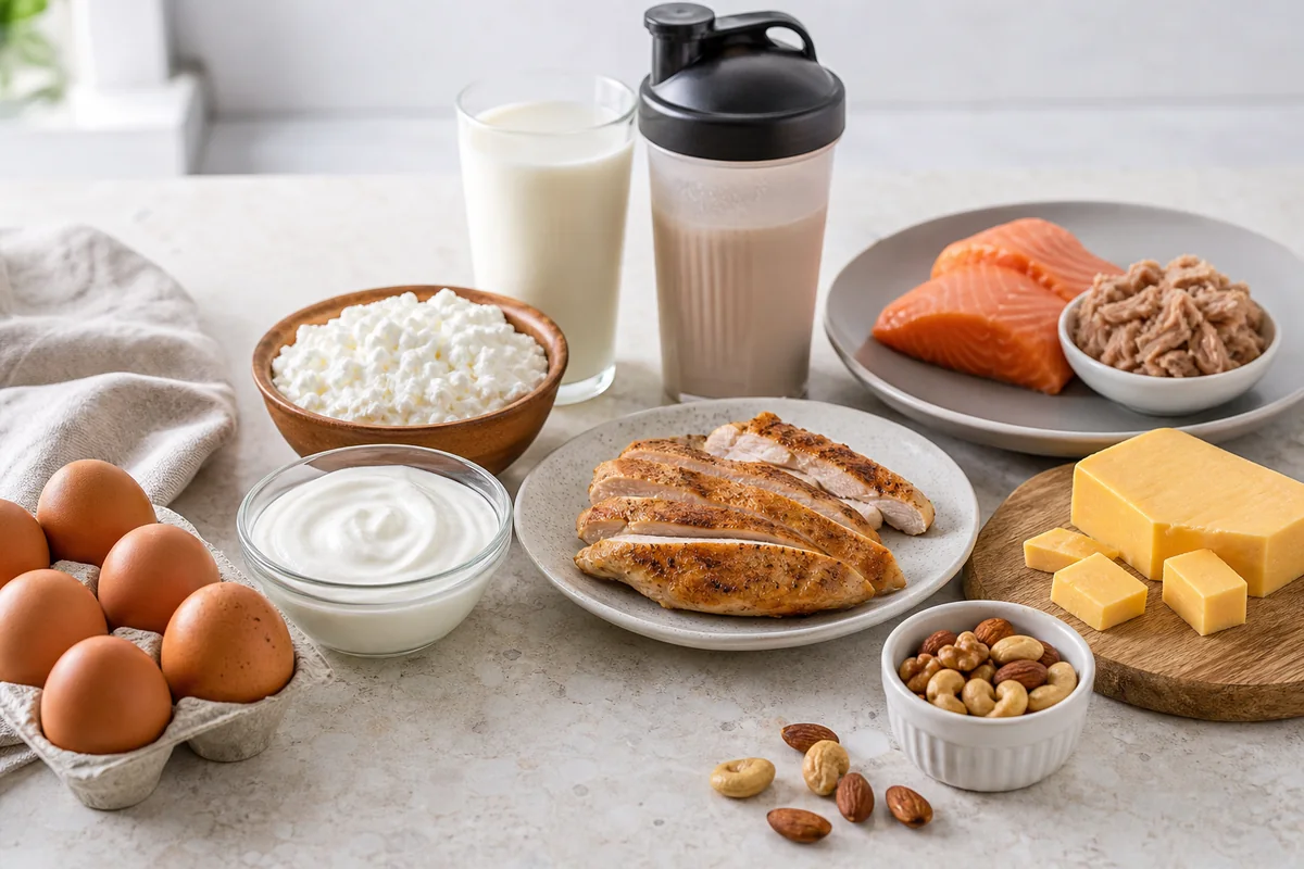 A balanced spread of protein-rich foods for student-athlete recovery, including eggs, Greek yogurt, chicken, salmon, milk, nuts, cheese, and a protein shake.