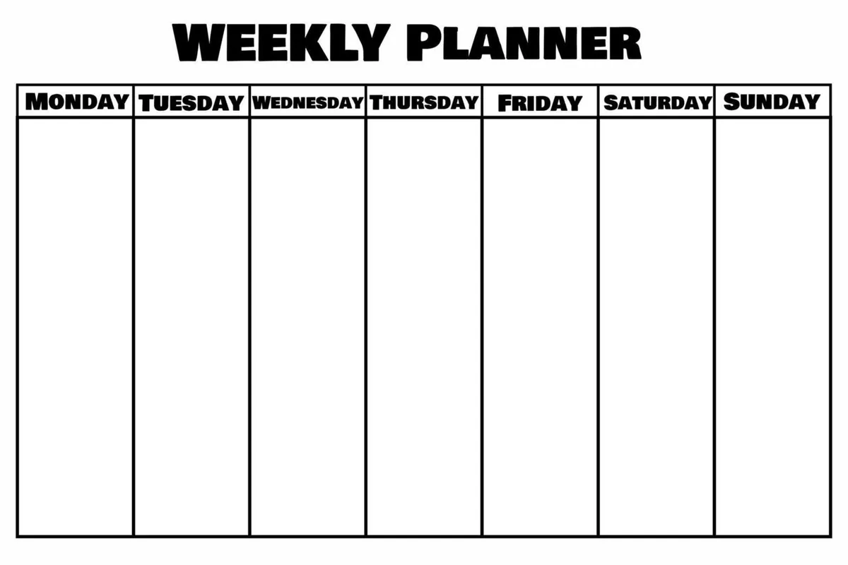 A blank weekly planner used to organize a student-athlete's class, practice, study, and recovery schedule.